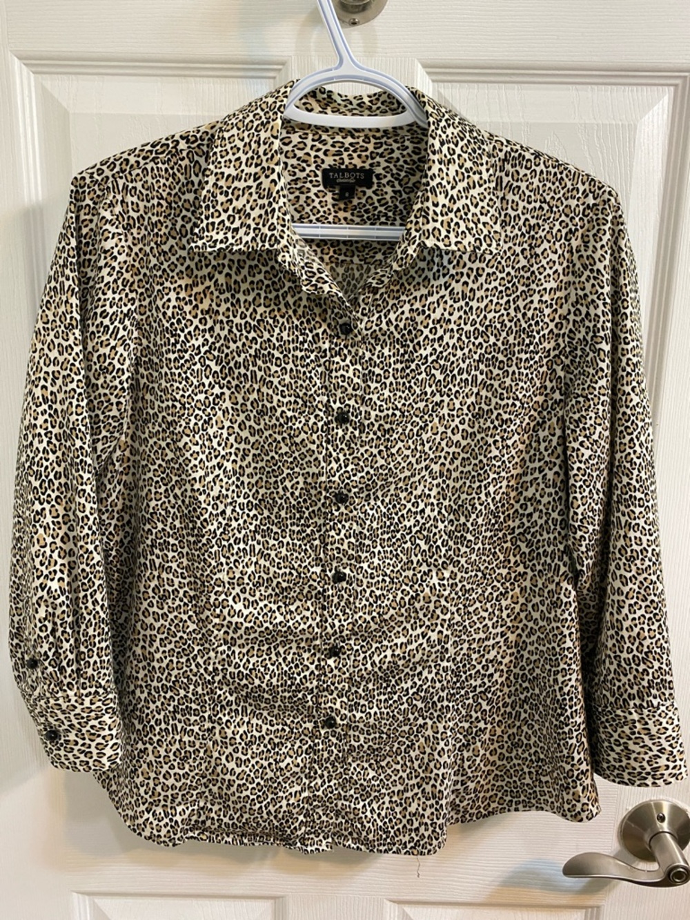 Talbots Stretch Leopard Print Button Down Cotton Blend Shirt Women Size 8 Office
